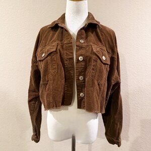 FOREVER21 Jacket Womens M Corduroy Frayed Cropped Button Front Brown